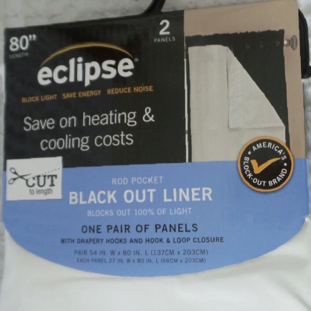 Eclipse Curtain Panels BLACKOUT WHITE 2 Panels Rod - Picture 2 of 6